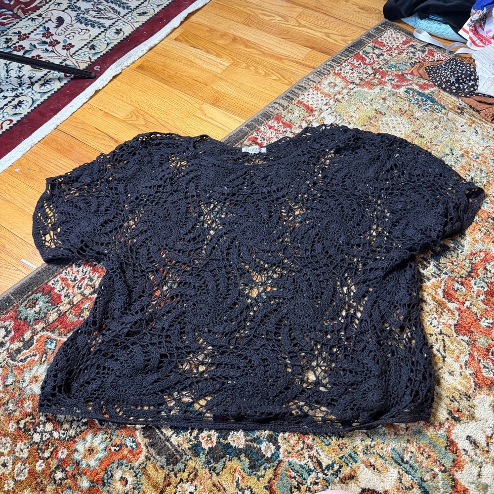 Roaman's Black Crochet Short Sleeve Tunic Top